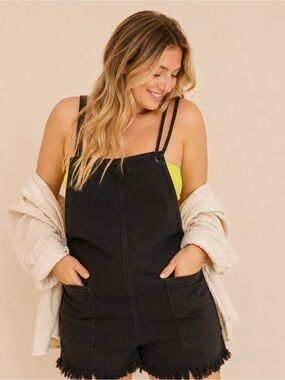 Aerie AE Smoked Gray Denim Short Overalls for Women - Casual Summer Style